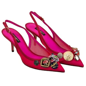 DOLCE & GABBANA Crystal Brooch Net Slingback Pumps Heels BELLUCCI Pink 37 7 - Picture 1 of 9