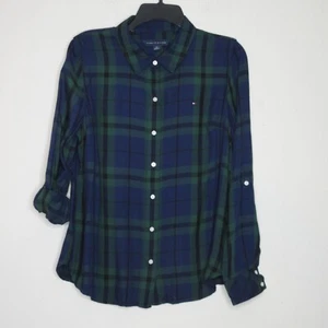 NWOT Tommy Hilfiger Women's Roll Tab Button Up Green/Blue Plaid Camp Shirt M B52 - Picture 1 of 19
