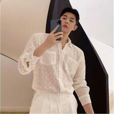 Men's Youth 2022 Korean Fashion Lace Cutout Long Sleeves Casual Dress Shirt  