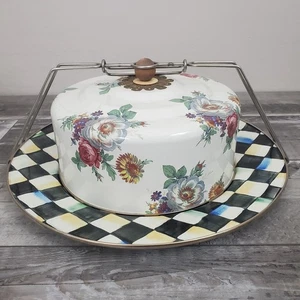 Vintage Mackenzie Childs Enamel Floral Market Courtly Dome Cake Platter+Carrier - Picture 1 of 14