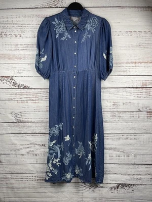 Vestido Johnny Was Workshop Feminino Pequeno Azul Denim Bordado Botão Frontal Midi - Imagem 1 de 4