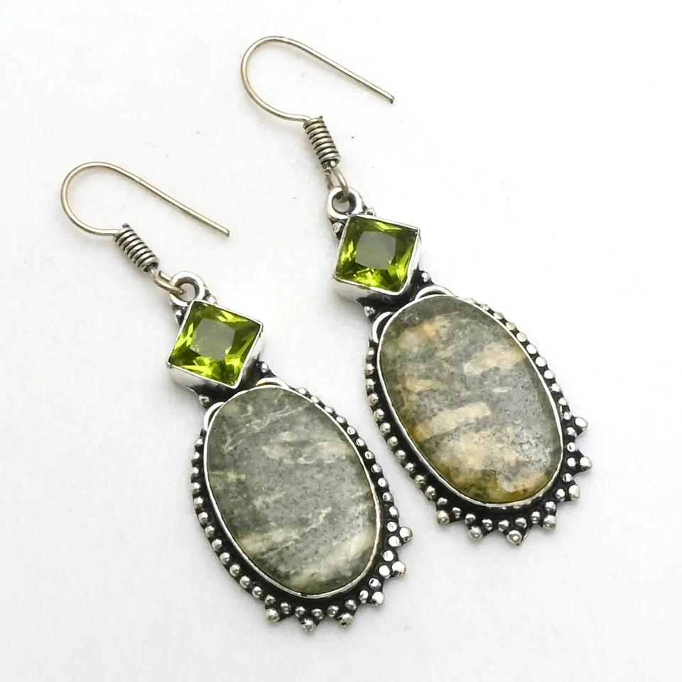 Green Jasper Peridot Gemstone Handmade Drop Dangle Earrings Jewelry 2" AE-93560 - Image 1 of 1