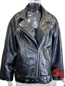 Vici Faux Leather Jacket Women Large Black Moto Edgy Belted NWT - Picture 1 of 17