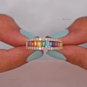 Baguette Cut Multi Sapphire & Diamond Three Layer Half Eternity Ring In 14k Gold - Picture 1 of 6