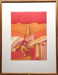 SIGNED ABSTRACT LANDSCAPE, ORIGINAL VINTAGE 20TH C. DYE PAINTING ON SILK, FRAMED - Picture 1 of 24