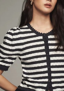 By Anthropologie Puff-Sleeve Pointelle Striped Cotton Cardigan Sweater Size M - Picture 1 of 5