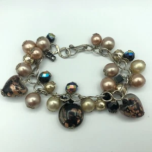 Charm Bead Bracelet Silver Tone & Glass & Faux Pearl Christmas Party Gift Retro - Picture 1 of 10