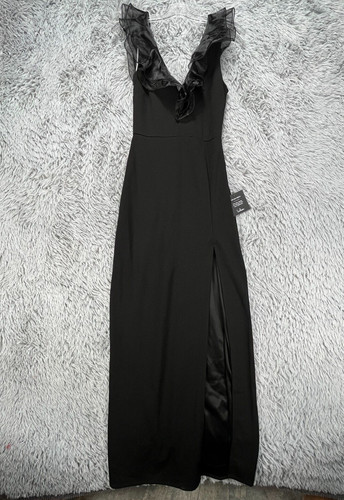 LULUS Maxi abito formale Lulu's nuovo con etichetta donna S nero lunghezza pavimento chiffon volant spacco