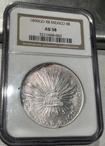 1890 GO RR MEXICO 8R AU58 NGC SILVER COIN - Picture 1 of 2