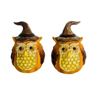 Juego de gres búho salero y pimentero Halloween bruja sombrero galleta barril - Imagen 1 de 7