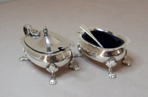 AUSTRALIAN STERLING SILVER MUSTARD AND SALT POTS WITH SPOONS BY STRACHAM - Picture 1 of 14