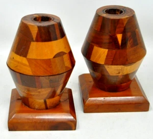 Handcrafted Turned Wood Candlestick Holders Primitive Two Toned - Picture 1 of 5