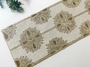 Handmade beaded runner, table decoration, cream and Gold - Picture 1 of 7