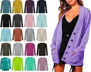 Grobstrick-Cardigan Damen Langarm Zopfmuster Opa Mädchen Knopf Cardigan - Bild 1 von 27