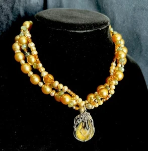 Sterling Genuine Pearl Glass Faux Pearl Labradorite Pendant 3 Strand Necklace - Picture 1 of 8