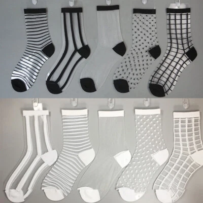 Calcetines elásticos de seda transparentes negros para mujer malla a rayas punto transparente tobillo moda Foto 1 de 4