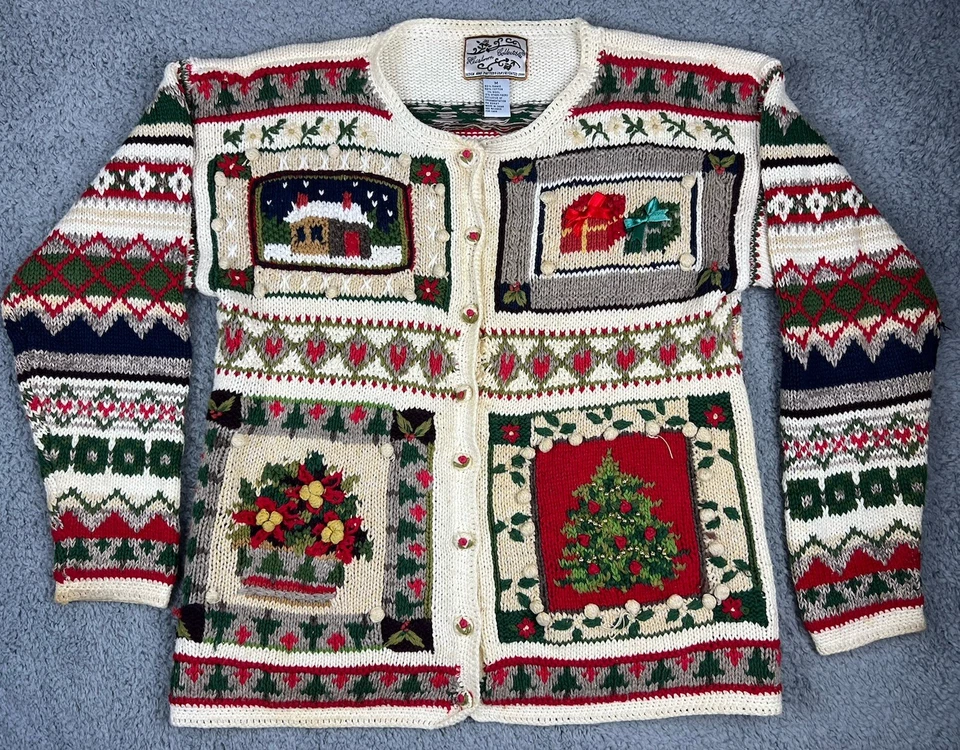 Suéter Feo Navidad Vintage Reliquia Coleccionables Árbol Cabaña Retazos Mediano Foto 1 de 4