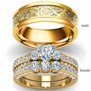 Men Vintage Dragon Ring Women Heart Zircon Rings Bridal Engagement Jewelry Set