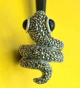 Anello stile serpente TG:5,75 onice nera vera pietra preziosa e marcasite in ... - Foto 1 di 20