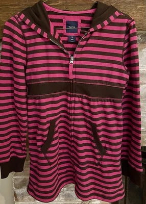 Gap Kids Girls sz XL 12 Pink Brown Striped Tunic Length Zip Sweatshirt Hoodie - Image 1 of 2