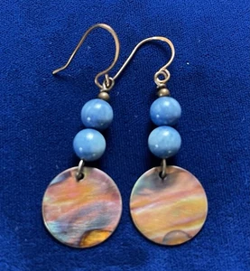 Hand Crafted Earrings Flame Painted Copper Discs Blue Stones Dangle 2.25" Fired - Picture 1 of 6