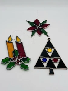 Vintage Christmas Leaded Stained-Glass Sun Catcher Lot of 3 Tree Candles - Picture 1 of 5