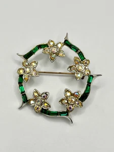 Broche Corona Floral Estrás Vintage ~ Flor Baguette Verde Aurora Boreal - Imagen 1 de 7