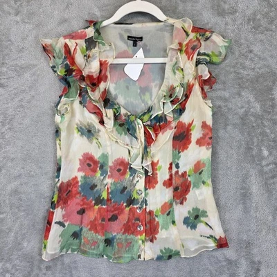 Nanette Lepore Blouse Womens 2 Floral Silk Ruffle Sheer Button Top Made in USA - Image 1 of 4