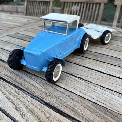 BUDDY L FORD HOT ROD COUPE IN BLUE WITH MOTORCYCLE TRAILER STEEL TOY SET 1960s - Image 1 of 4