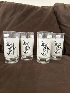 4 Mid Century Glas Becher mattiert mit schwarzem Kunstwerk Libbey ? - Bild 1 von 5