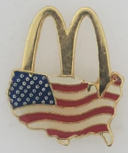 Prendedor de solapa tono dorado vintage McDonalds arcos dorados sobre la bandera americana - Imagen 1 de 4