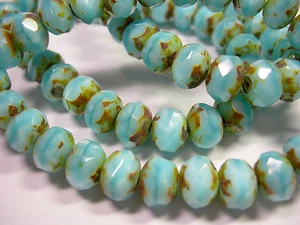 25 8x6mm Baby Blue Picasso Czech Fire polished Rondelle beads - Picture 1 of 2