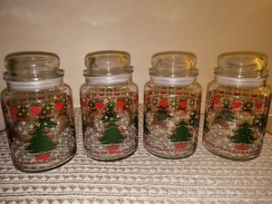 Vtg 1984 AHC Christmas Tree X-mas Set 4 Apothecary Glass Candy Jar Hearts Deer - Picture 1 of 14