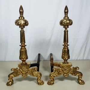 Pair of Ornate Solid Brass Floral Rose Andirons Fire Dogs 18" Long x 19" Tall - Picture 1 of 10