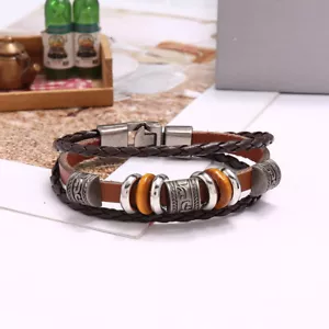 Mens Leather Wristband Braided Handmade Bracelet Jewellery Bangle Cuff Surfer - Picture 1 of 5