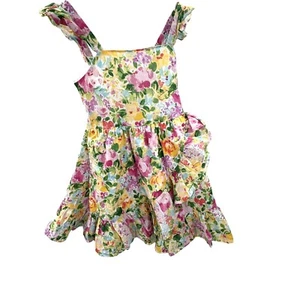 EUC Janie And Jack Ruffle Girls Dress Cotton White Green Floral Sleeveless SZ 5 - Picture 1 of 9