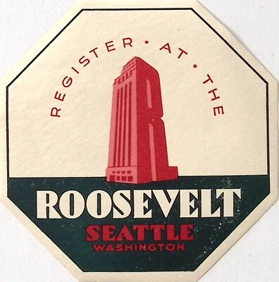 Etiqueta de equipaje vintage Registrarse en el Roosevelt Hotel Seattle 4,5" Foto 1 de 2