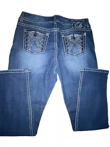 Code Bleu Denim Blue Jeans Straight Stretch Women's Sz 14 Angel Wing Embellished - Picture 1 of 11