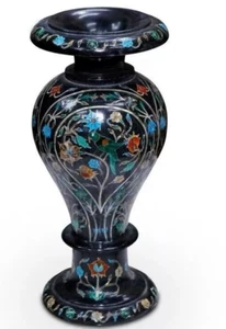 12 Zoll schwarze Marmor Blumenvase Halbedel Multi Stein Blumen Inlay Kunst Raum Dez - Bild 1 von 8