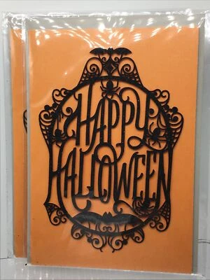 2 tarjetas de feliz Halloween con diseño de corte láser de firma con sello murciélagos arañas Foto 1 de 3