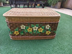Cesto Baule Porta biancheria in vimini e rattan rivestito in plastica Vintage - Foto 1 di 13
