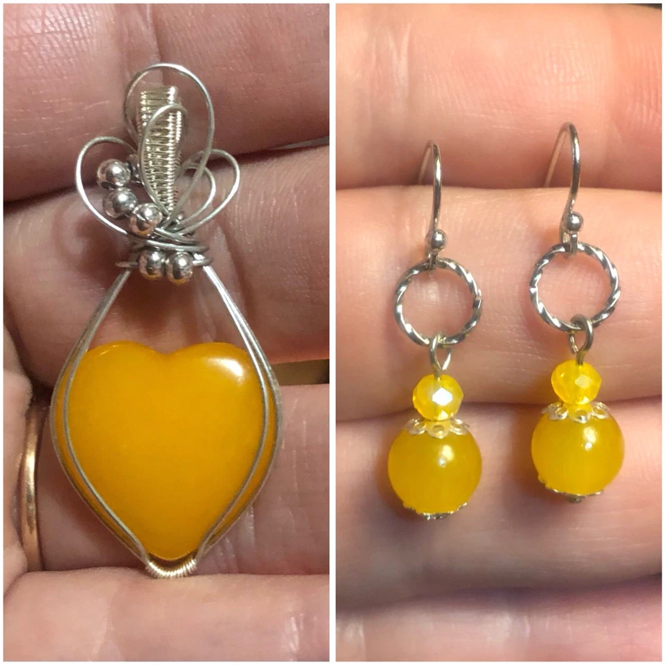 Conjunto de joyas de corazón de ágata amarilla envuelto en alambre hecho a mano ÚNICO EN SU CLASE  Foto 1 de 1