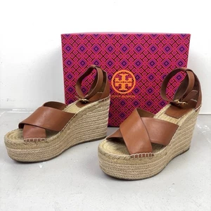 Tory Burch Selby 105mm Espadrille Wedge Sandal Leather Ambra Brown Beige Size 7B - Picture 1 of 13