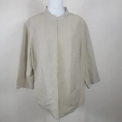Covington Woman Linen Top 16 Tan Eye-Hook Closure Jacket Minimalist Lagenlook - Image 1 of 4