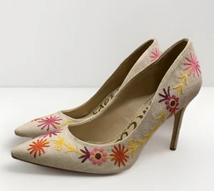 Sam Edelman Beige Linen Hazel Embroidered Floral Pumps Size 8 M - Picture 1 of 9