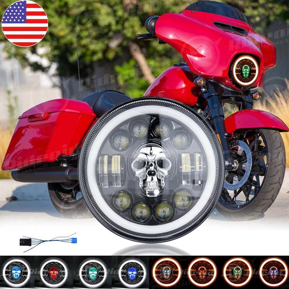 7" inch LED Headlight & RGB Skull Halo For Harley Davidson Touring Street Glide Foto 1 de 4