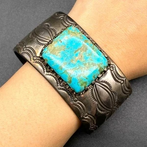 Vintage Navajo Turquoise Hand Stampwork Sterling Silver Bracelet Cuff 6-5/8" - Picture 1 of 10
