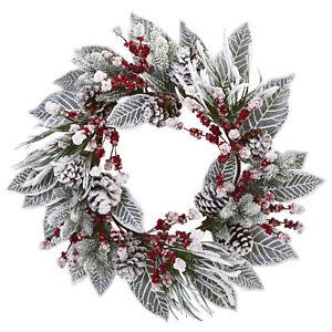 24” Snowy Magnolia Berry Artificial Wreath Nearly Natural Holiday Beauty Decor