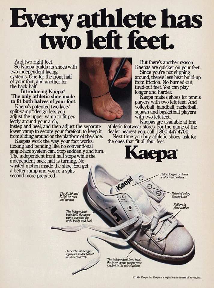 Zapatos Kaepa 1984: anuncio impreso vintage de dos pies izquierdos de atleta Foto 1 de 1
