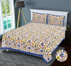 King Size Bed sheet Cover With 2 Pillow Jaipur Designer Flower Printed - Picture 1 of 4